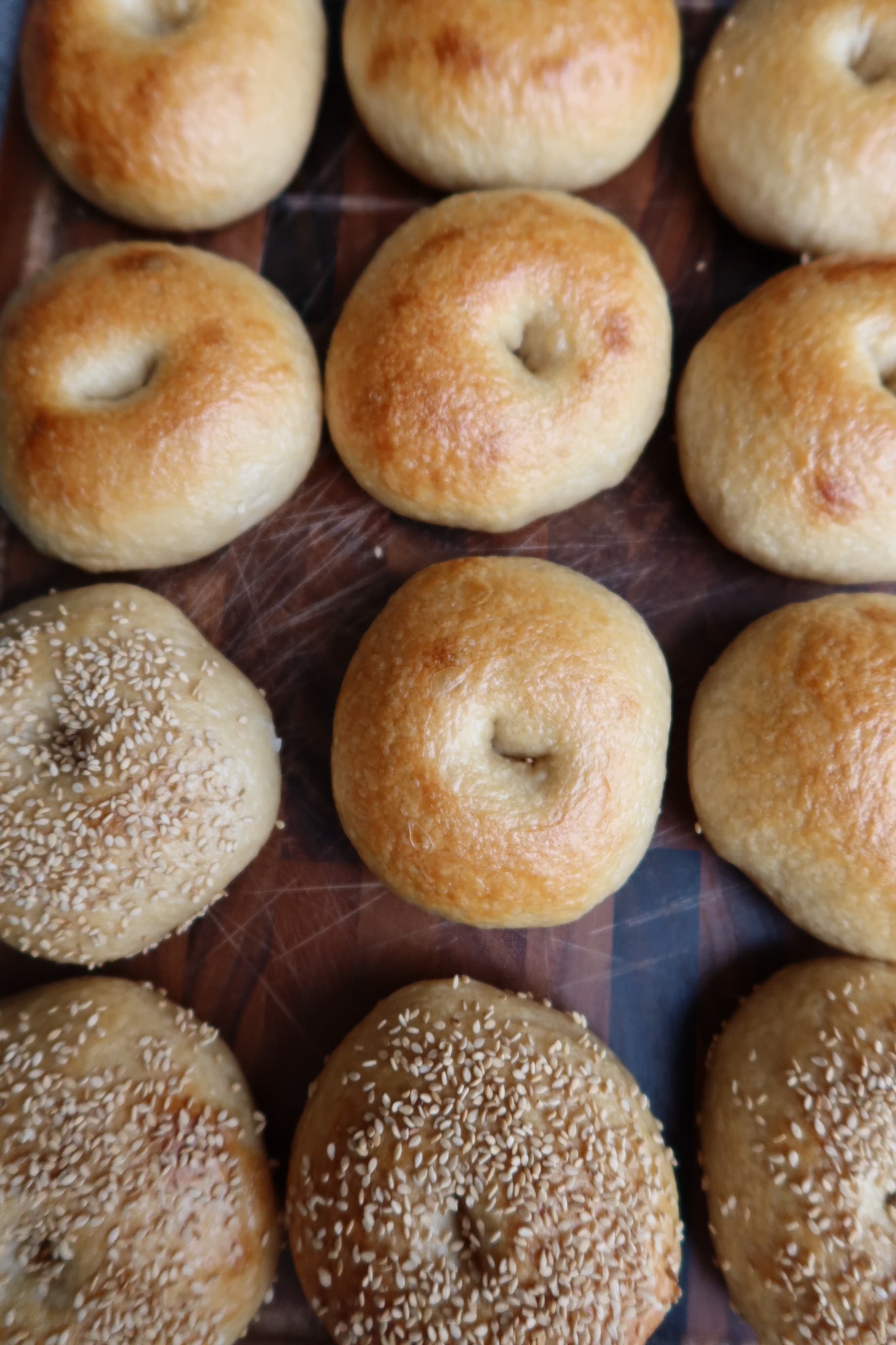 Fresh bagels on cutting board